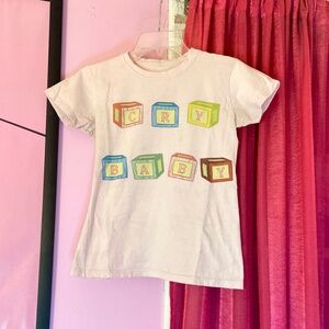 “Cry Baby” Baby Blocks Graphic T-Shirt Pastel Pink Novelty Top Women’s Small